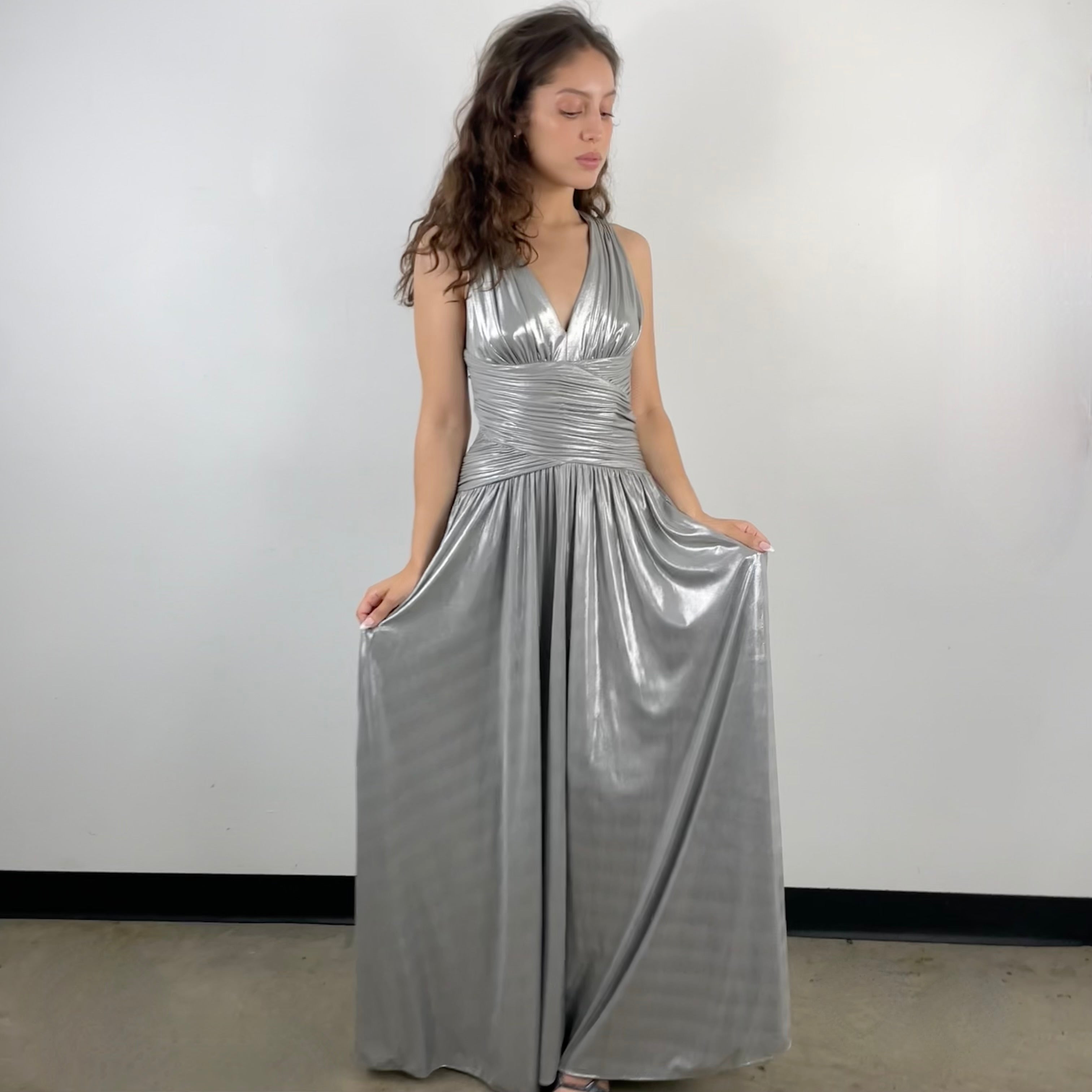 Calvin Klein Designer Open Back Maxi Drape Silver Gown Small