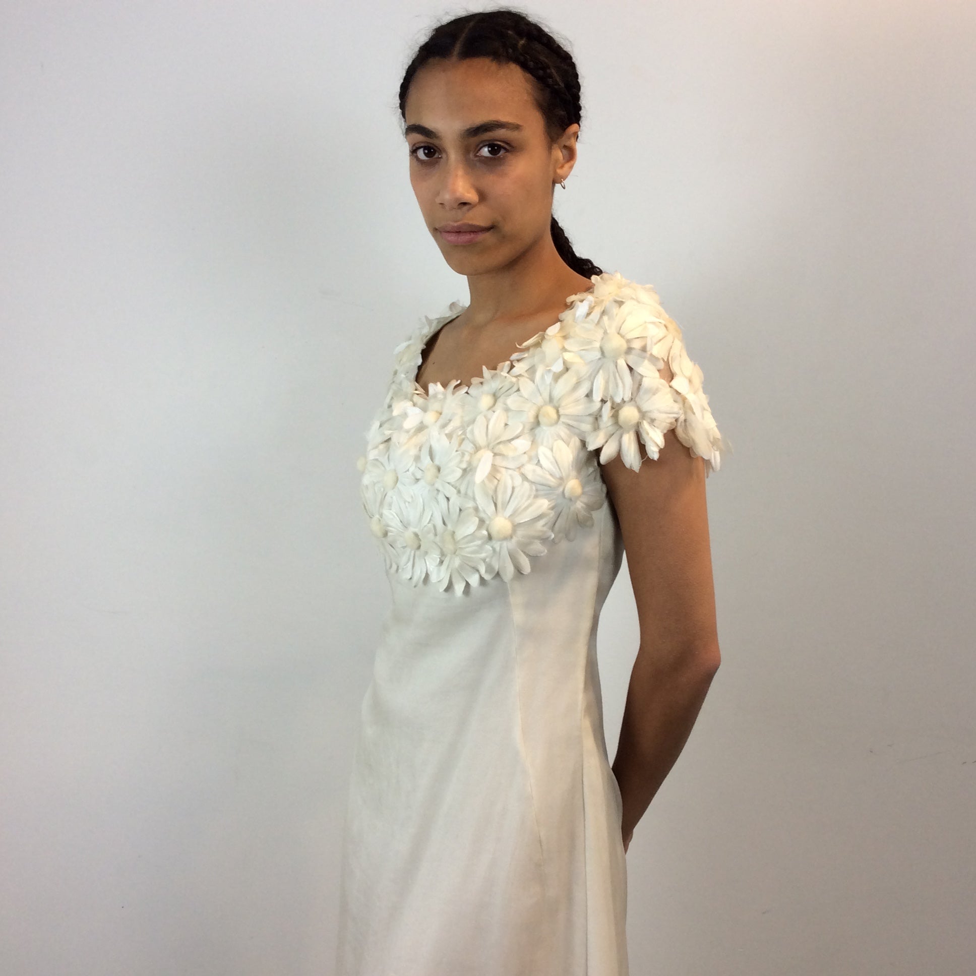 Close up view of 1970s Daisy Embellished Ivory Organza Maxi Dress 
Size Small
Sold at bohemevintage.com
Montréal