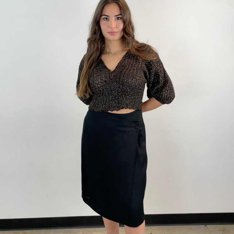 Front view of Emporio Armani Designer Black Wrap Skirt Size Medium sold at bohemevintage.com Montreal