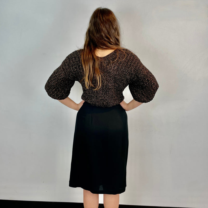  Back view of Emporio Armani Designer Black Wrap Skirt Size Medium sold at bohemevintage.com Montreal