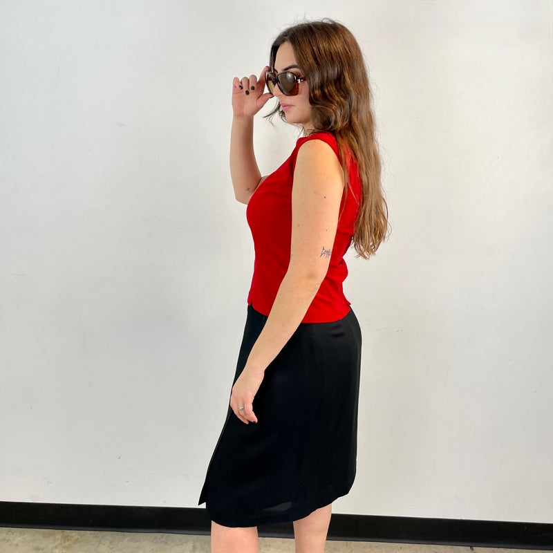 Side view of Emporio Armani Designer Black Wrap Skirt Size Medium sold at bohemevintage.com Montreal