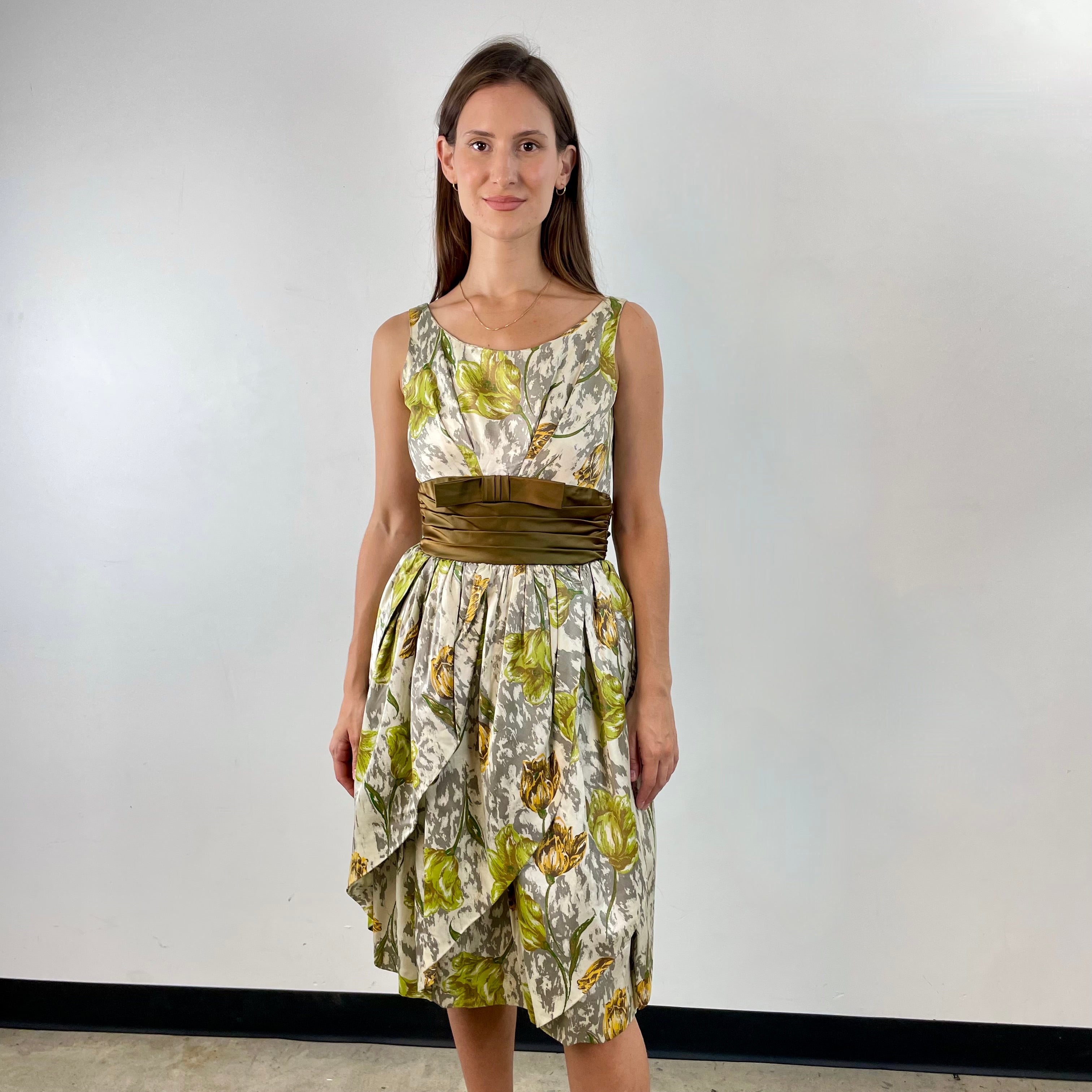 1950s-60s Tulip Shape Satin Cocktail Dress size small sold on bohemevintage.com Montreal Canada