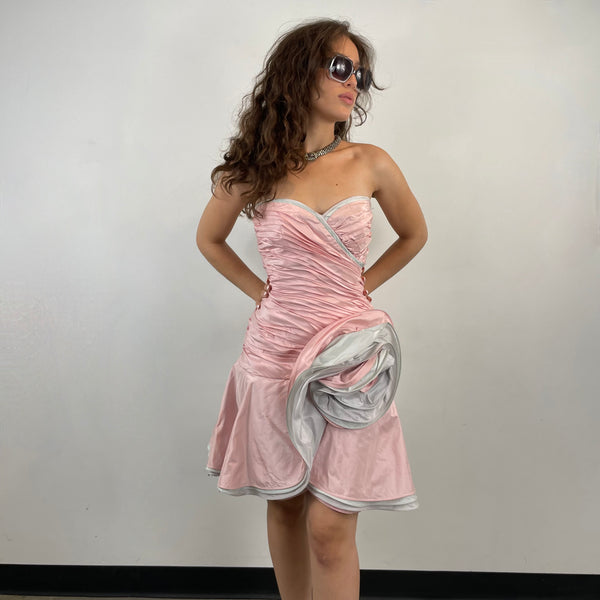 Front view of 1980s Pink Shantung Silk Ruched Bustier Dress Size Small sold at bohemevintage.com Montreal