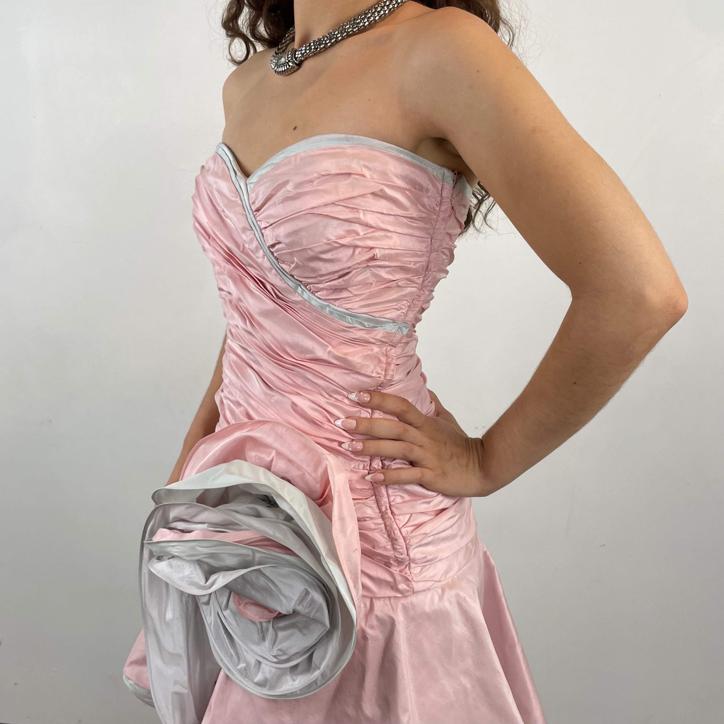 Side-deatil view of 1980s Pink Shantung Silk Ruched Bustier Dress Size Small sold at bohemevintage.com Montreal