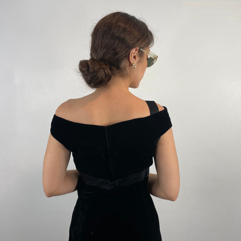 Vintage 1960s Off the Shoulder Black Velvet Midi Dress Small, with bow accent 