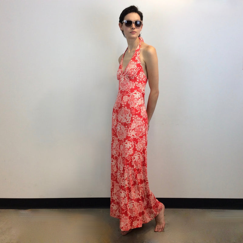 Side view of 1970s Tie Back Halter Top Maxi Dress 
Size Small
Sold at bohemevintage.com, Montréal