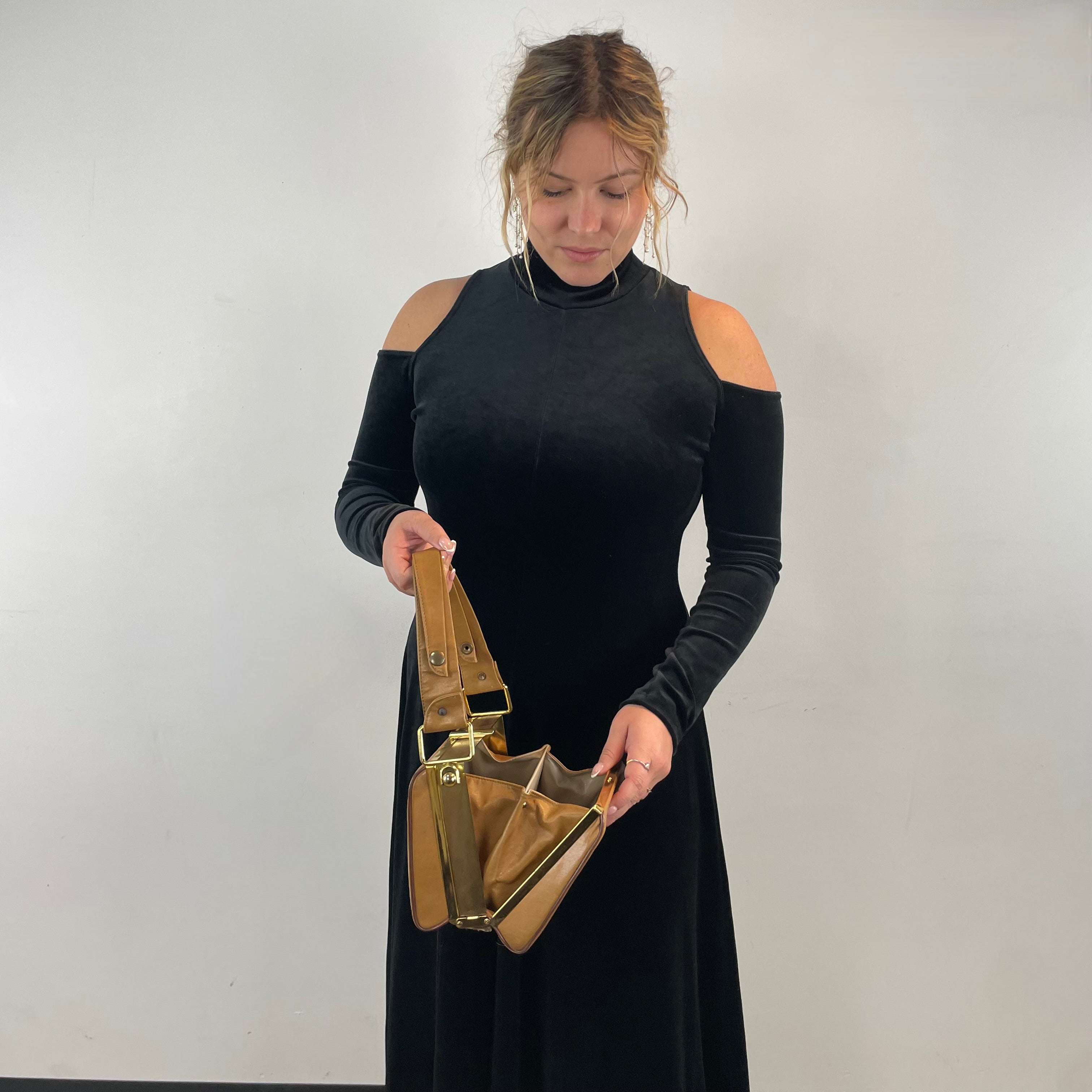 Vintage 1990s Black Velvet Cutout Sleeve Maxi Dress Large - Boheme Vintage Montreal