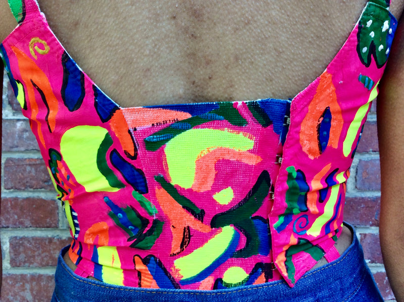 Close up back view of 1960s Upcycled Hand Painted Bustier Top 
size Small, sold at bohemevintage.com
Montréal