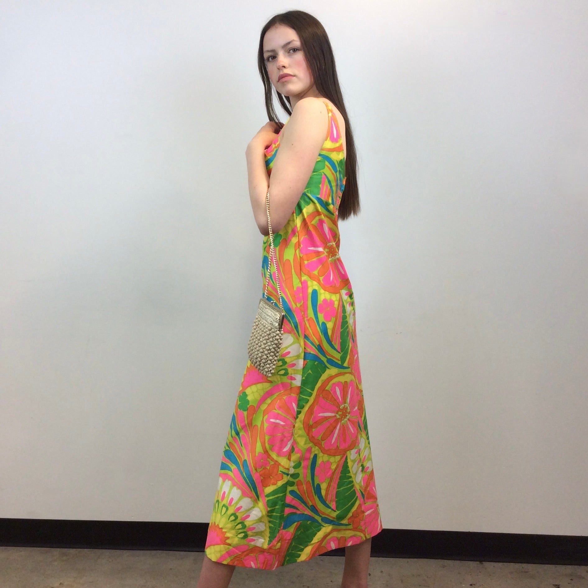 Boheme Vintage – Vintage 1960s Belinda Floral Satin Cotton Maxi Dress with Empire Waist and Open Back