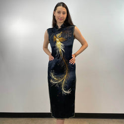 Front view of Vintage Hand Embroidered Silk Qipao Midi Dress Size Small-Medium sold at bohemevintage.com Montreal