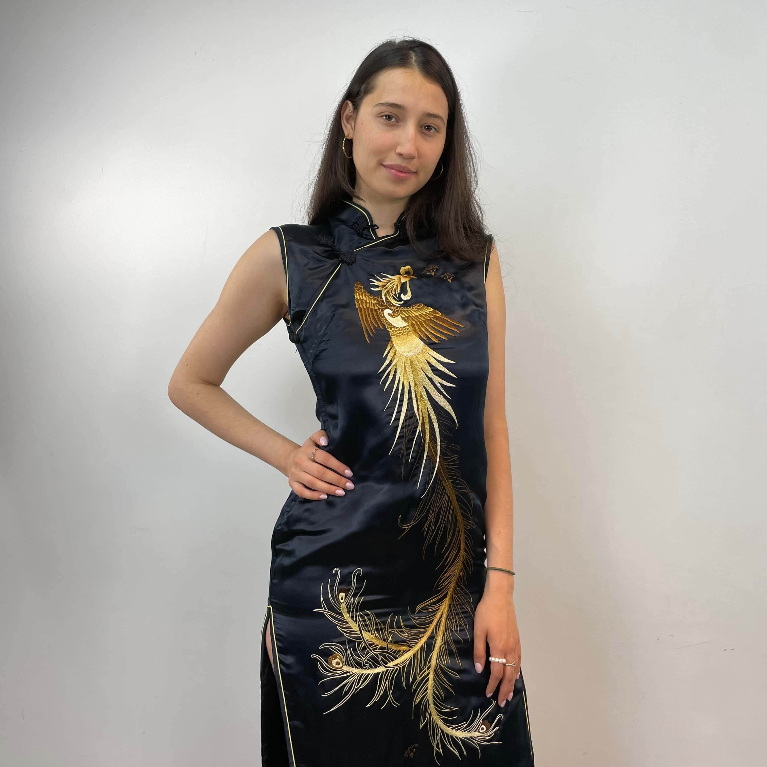 Close-up view of Vintage Hand Embroidered Silk Qipao Midi Dress Size Small-Medium sold at bohemevintage.com Montreal