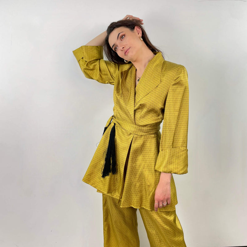 Front view of 1950s Gold Satin Robe and Pants Loungewear Set Size Small/Medium sold at bohemevintage.com Montreal