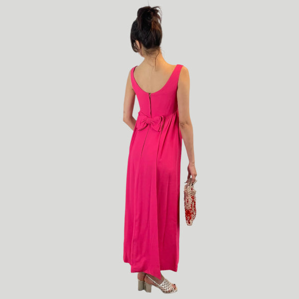 Back view of 1960s Fuchsia Empire Waist Beaded Gown Size X-Small/ Small sold at bohemevintage.com Montreal