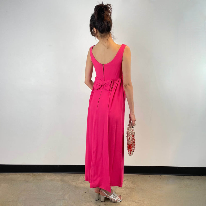 Back view of 1960s Fuchsia Empire Waist Beaded Gown Size X-Small/ Small sold at bohemevintage.com Montreal