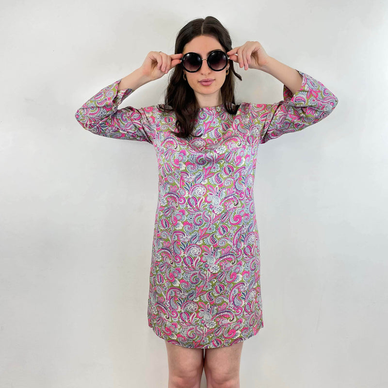 Front view of 1960s Paisley Mini Shift Dress size Medium sold at bohemevintage.com Montreal