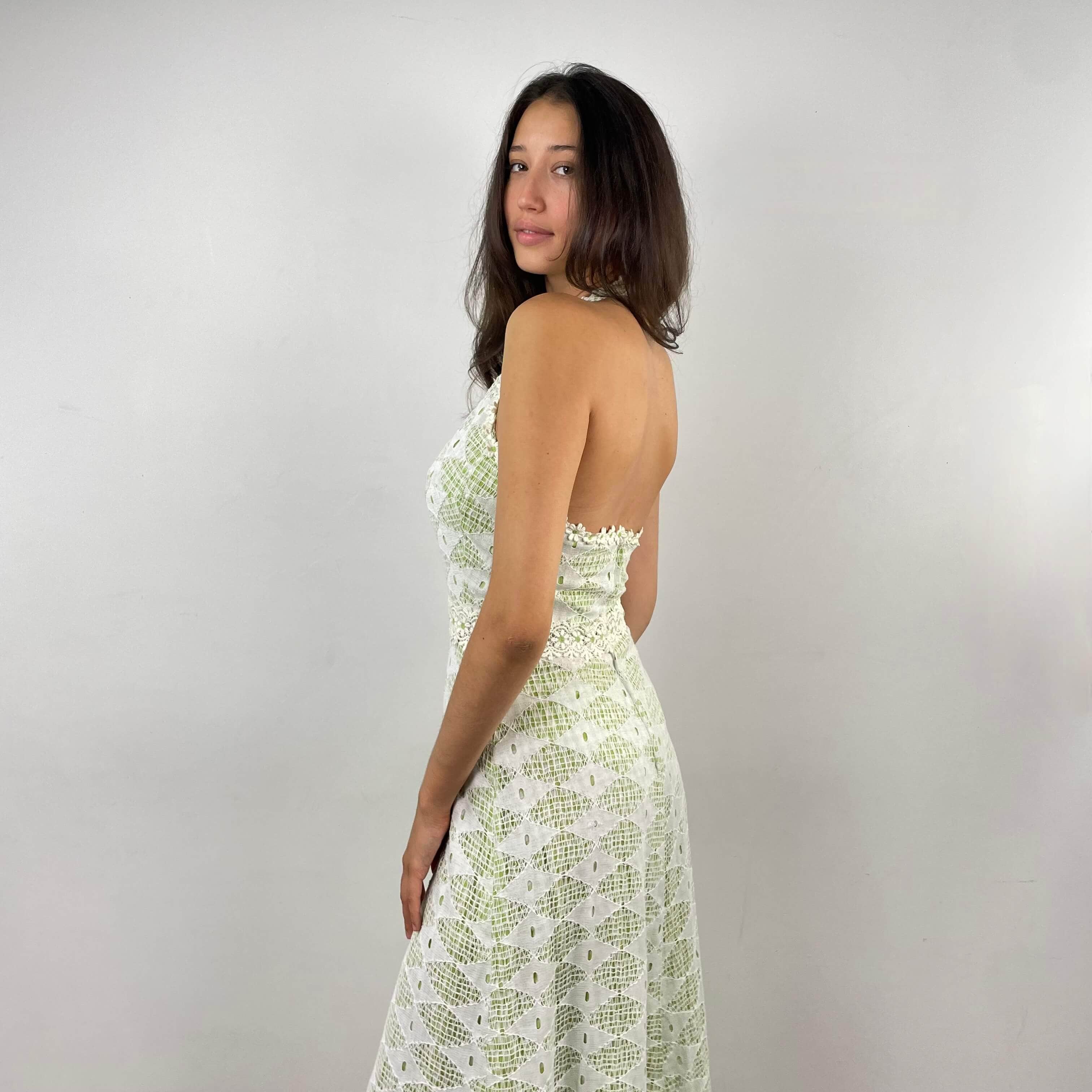 Back and side view of 1970's Mesh Halter Top Maxi Dress Size Small  sold at bohemevintage.com Montreal