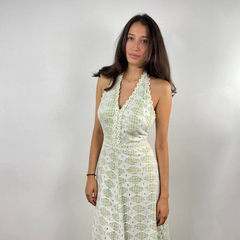 Front view of top of 1970's Mesh Halter Top Maxi Dress Size Small sold at bohemevintage.com Montreal