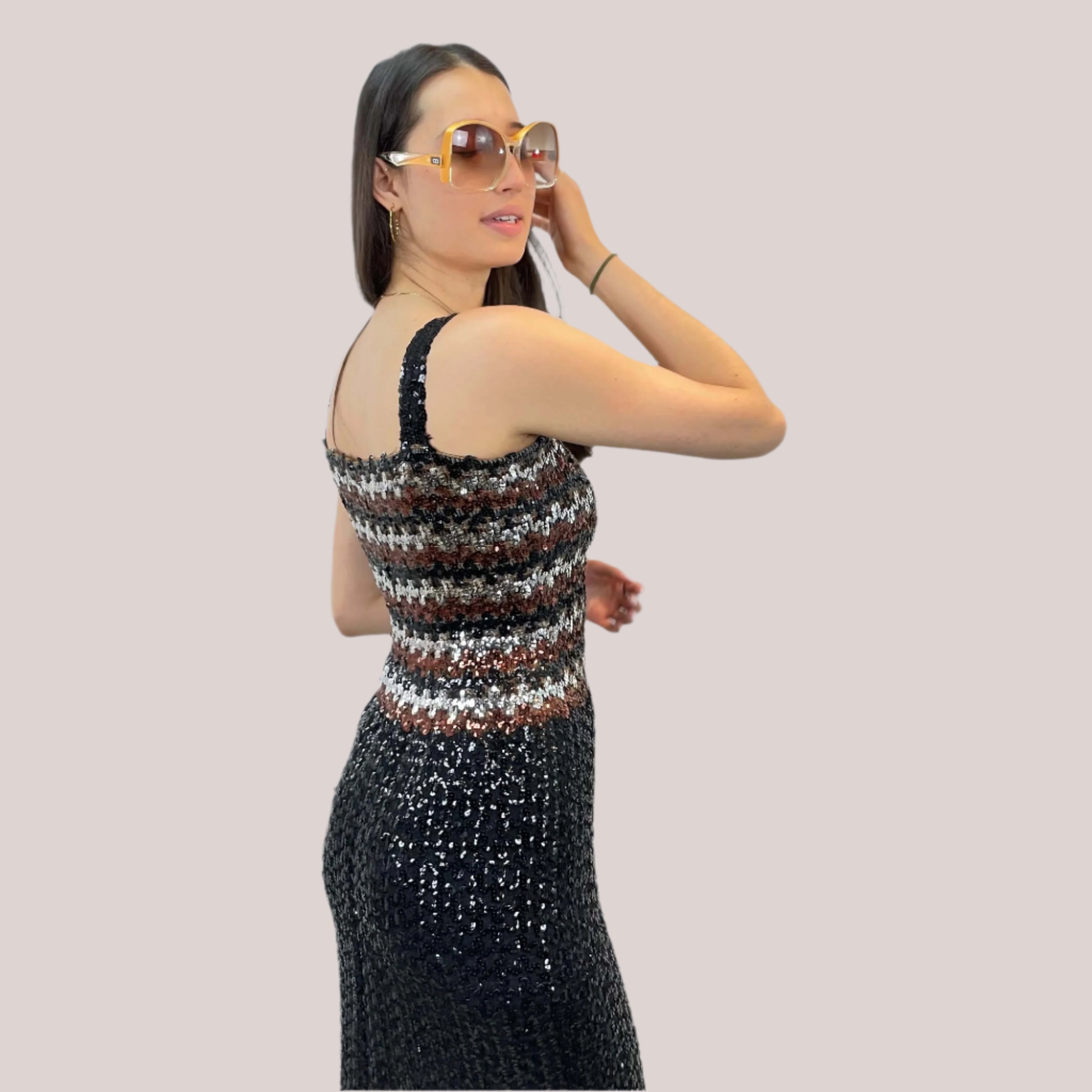 Side view of 1970s Black Sequin Midi Dress Small-Medium sold by bohemevintage.com Montreal