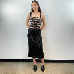 Front view of 1970s Black Sequin Midi Dress Small-Medium sold by bohemevintage.com Montreal