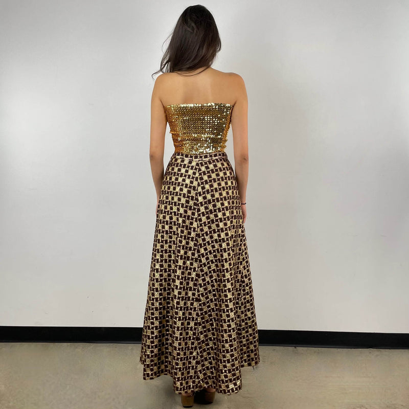 Back view of  1970s Gold Brocade Flared Maxi Skirt Size small / Medium sold at bohemevintage.com Montreal