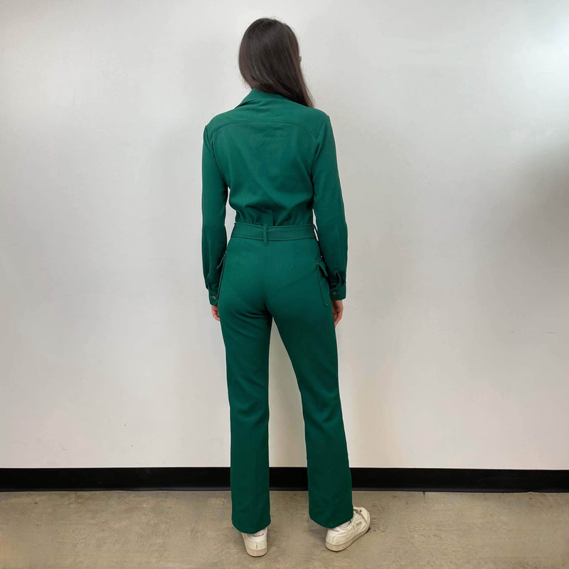 Back view of 1970s Long Sleeve Green Jumpsuit Size Medium sold on bohemevintage.com Montreal