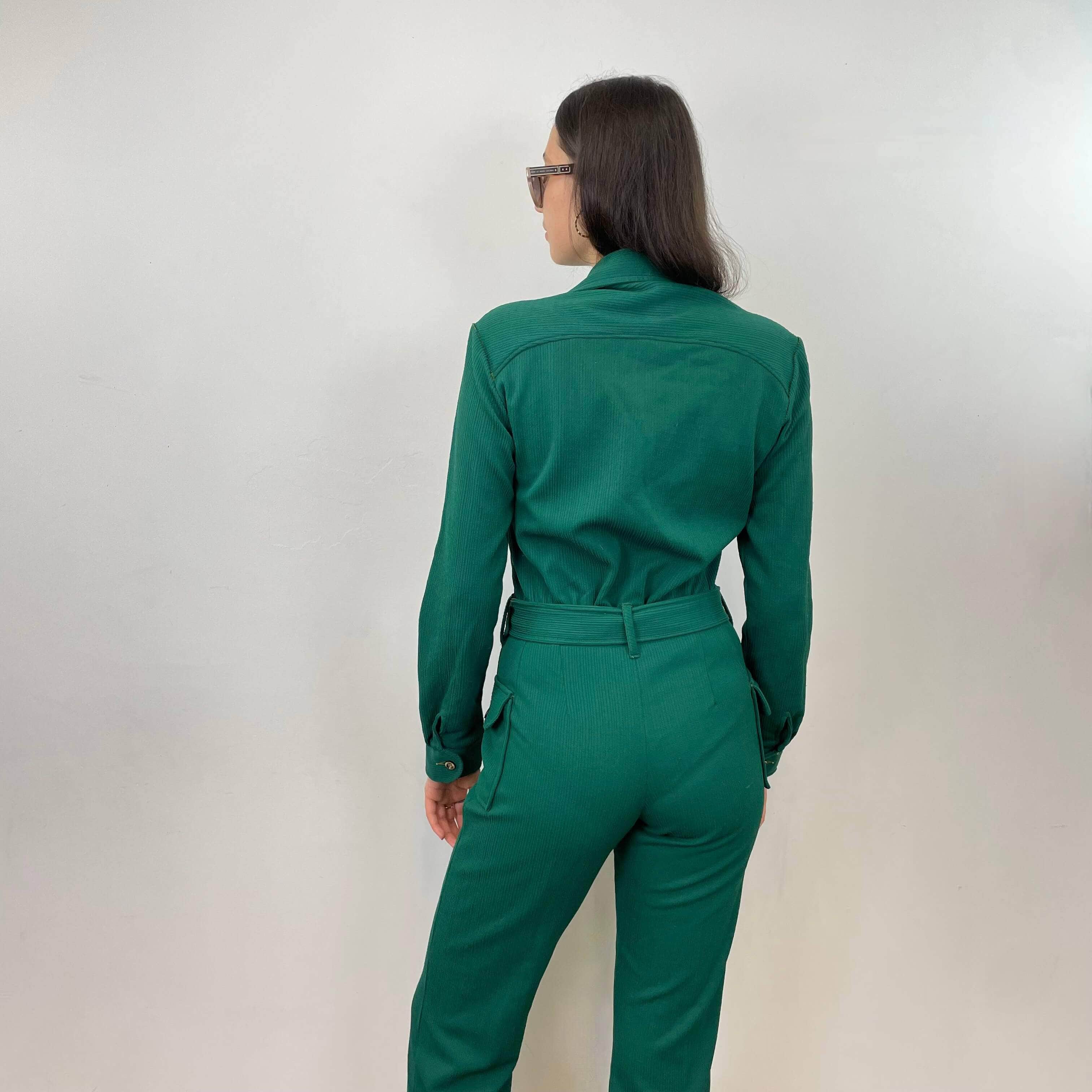 Back view of 1970s Long Sleeve Green Jumpsuit Size Medium sold on bohemevintage.com Montreal