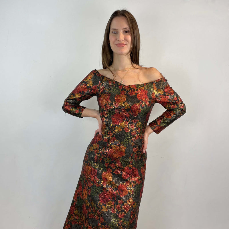 Front View of top of 1970s Off-the-Shoulder Metallic Brocade Maxi Dress Size Small/Medium sold at bohemevintage.com Montreal