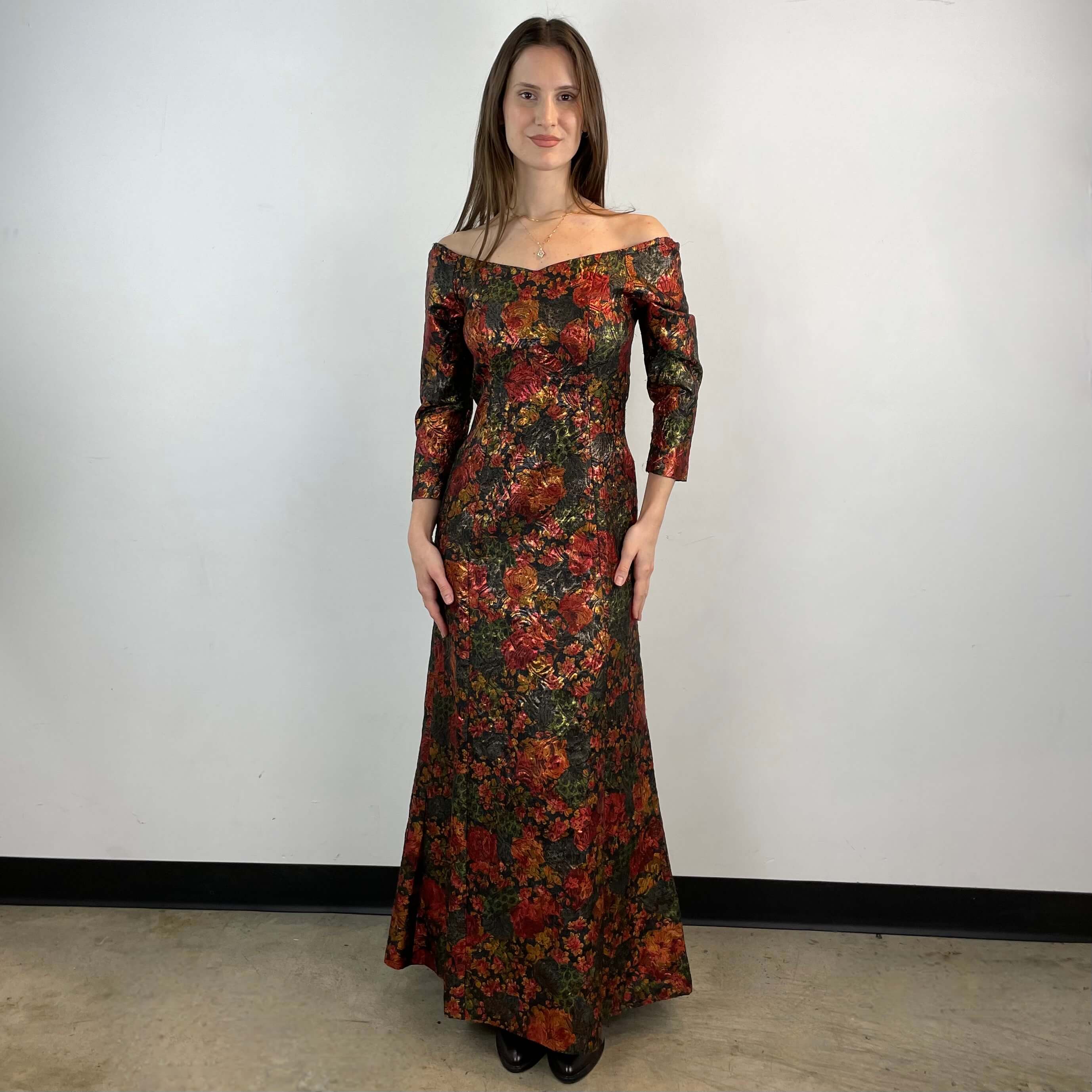 Front View of 1970s Off-the-Shoulder Metallic Brocade Floor length/ prom dress Size SmallMedium sold at bohemevintage.com Montreal