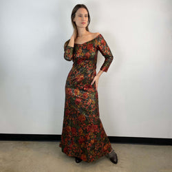 Front View of 1970s Off-the-Shoulder Metallic Brocade Gown Size Small/Medium sold at bohemevintage.com Montreal