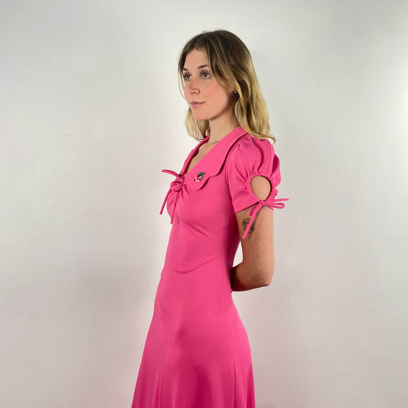 1970s Short Sleeve Flared Pink Maxi Dress Small