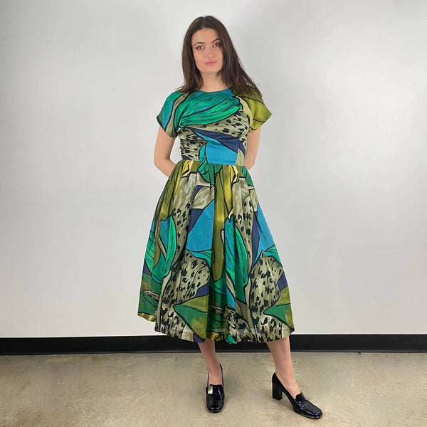 1980s Bold Print Full Skirt Midi-Dress Small