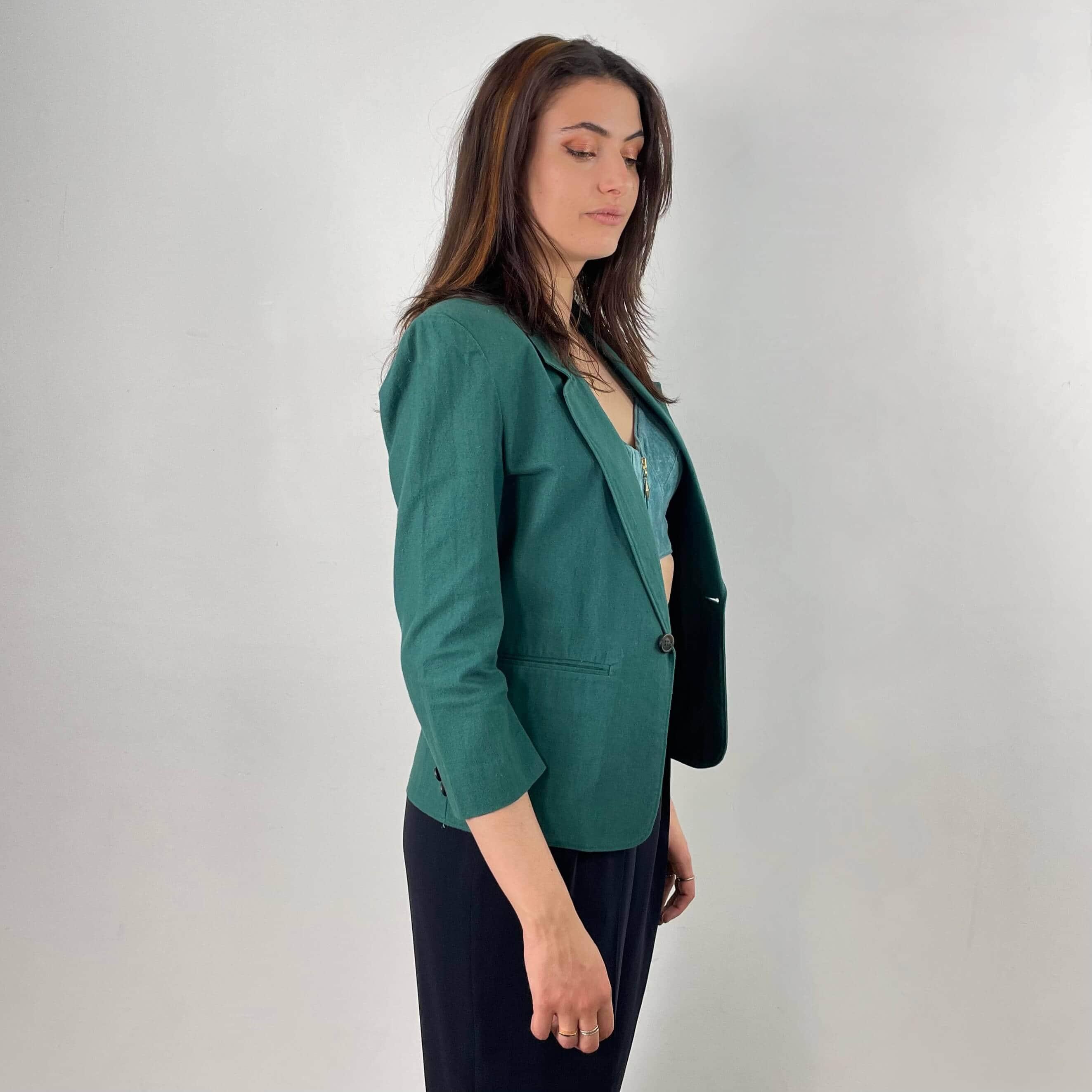 Side View of 1980s Christian Dior Green Cotton Blazer Size Small sold at bohemevintage.com Montreal
