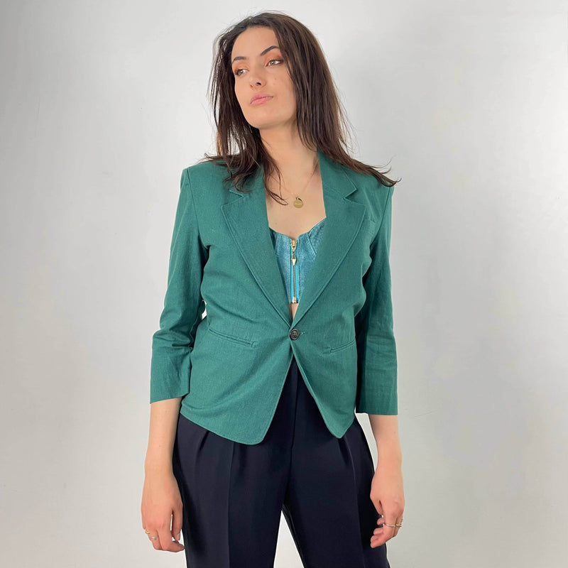Front View of 1980s Christian Dior Green Cotton Blazer Size Small sold at bohemevintage.com Montreal