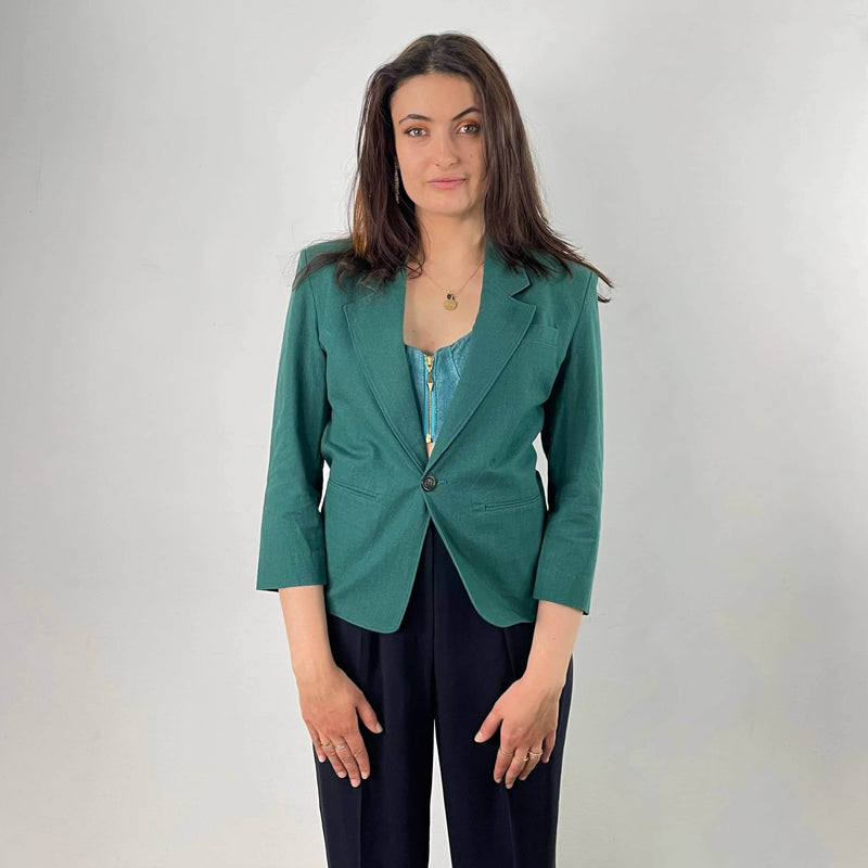 Front View of 1980s Christian Dior Green Cotton Blazer Size Small sold at bohemevintage.com Montreal