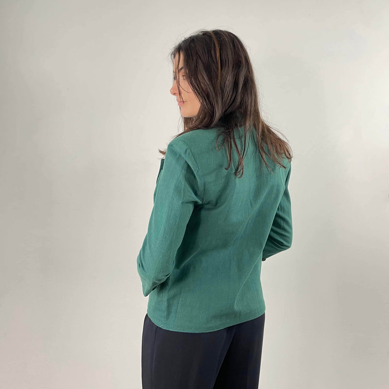 Back View of 1980s Christian Dior Green Cotton Blazer Size Small sold at bohemevintage.com Montreal