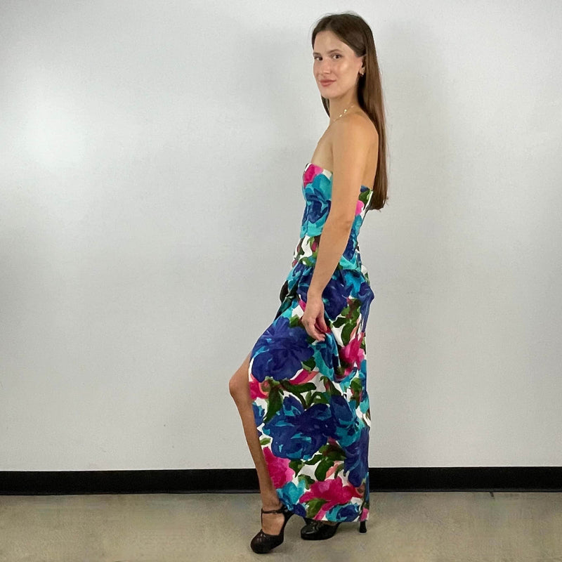 Side view of 1980s Victor Costa Strapless Draped Maxi Dress Size Small sold on bohemevintage.com Montreal