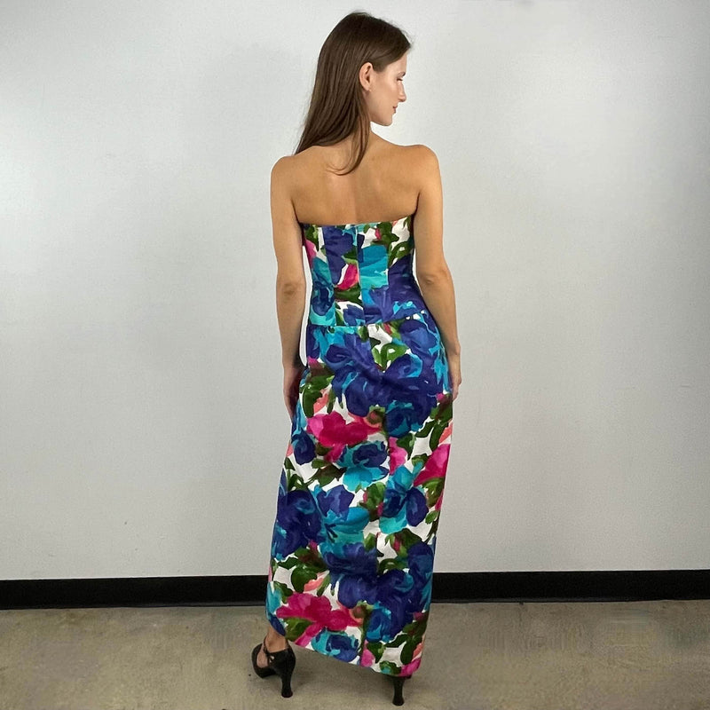 Back view of 1980s Victor Costa Strapless Draped Maxi Dress Size Small sold on bohemevintage.com Montreal