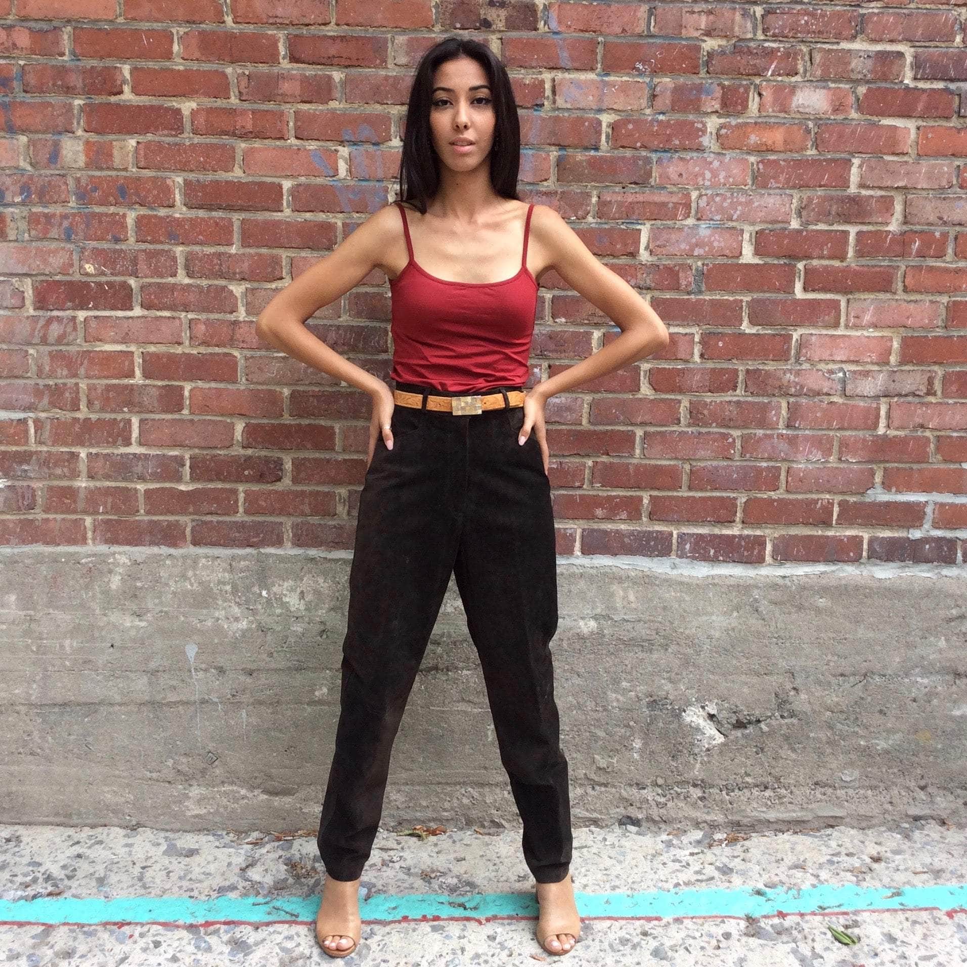 Boheme Vintage 1980s Cosi Diversa dark brown suede high-waisted tapered pants with jean-style cut.