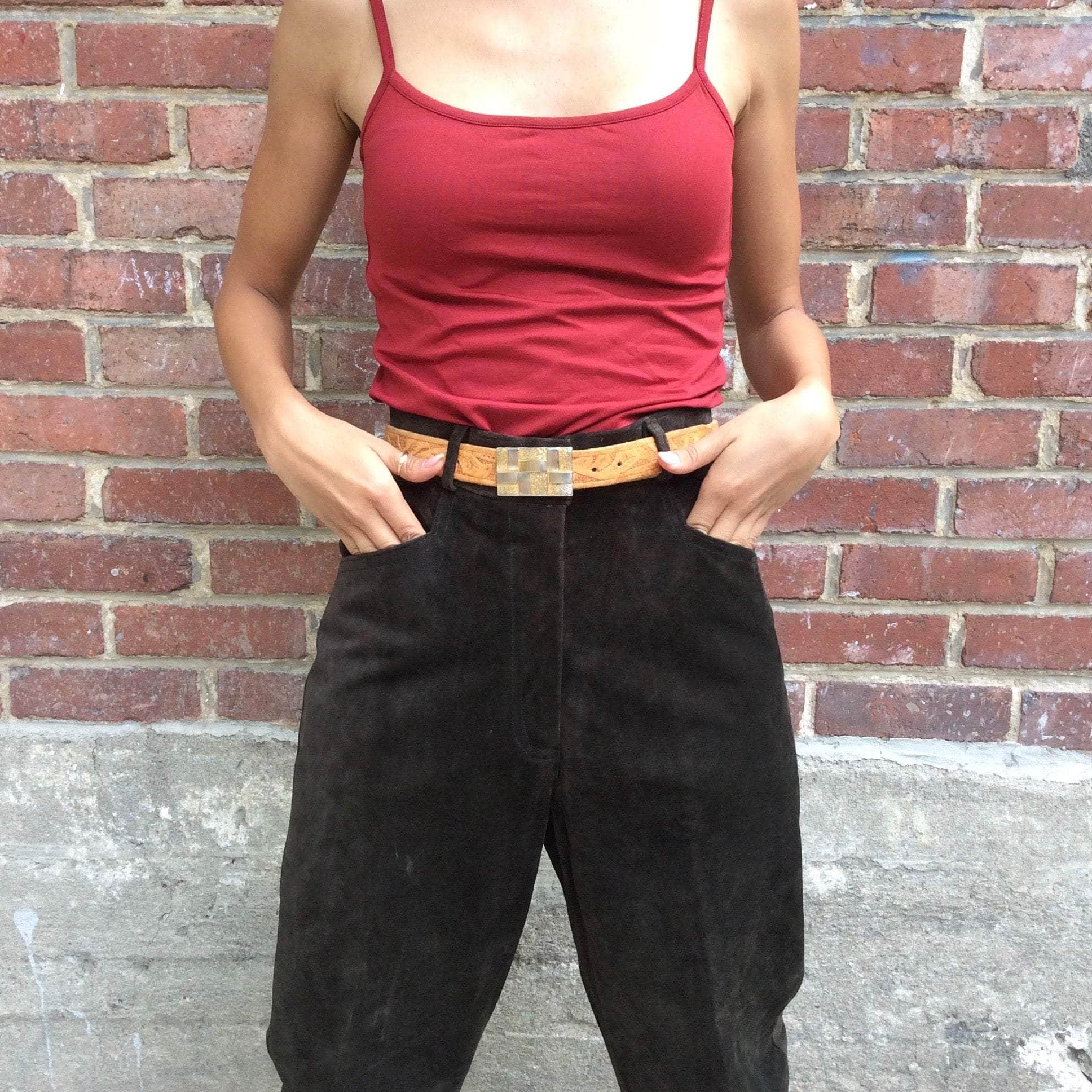 Boheme Vintage 1980s Cosi Diversa dark brown suede high-waisted tapered pants with jean-style cut.