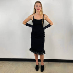 Front view of  1990s Black Slip Dress with Feathers Size small-Medium sold on bohemevintage.com Montreal