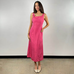 Front view of 1990s Skew Neck Pink Midi Dress Size Small sold at bohemevintage.com Montreal
