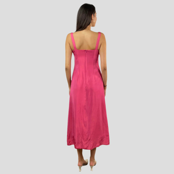 Back view of 1990s Skew Neck Pink Midi Dress Size Small sold at bohemevintage.com Montreal