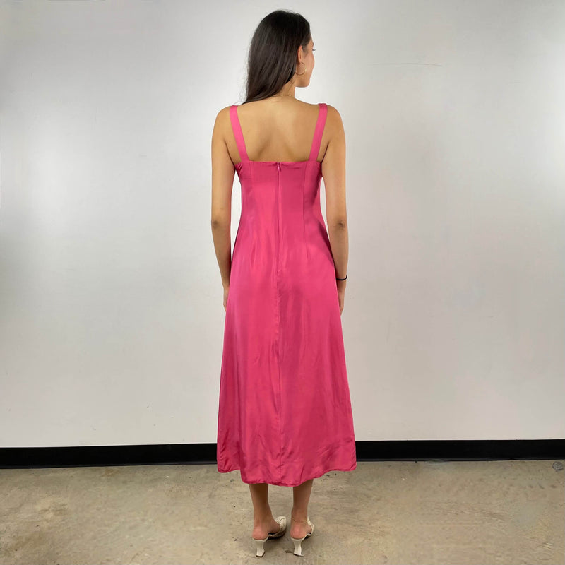 Back view of 1990s Skew Neck Pink Midi Dress Size Small sold at bohemevintage.com Montreal