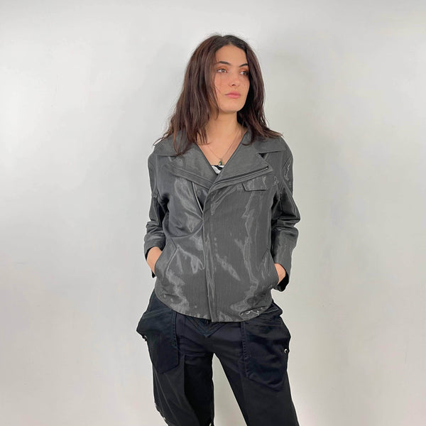 Vintage Y2K 1990s Thierry Mugler Unisex Silver Grey Biker Style Jacket Medium