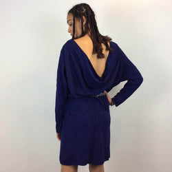 Vintage 1980s 1990s Blue Cowl Back Neckline Suede Dress Small/Medium - Boheme Vintage Montreal