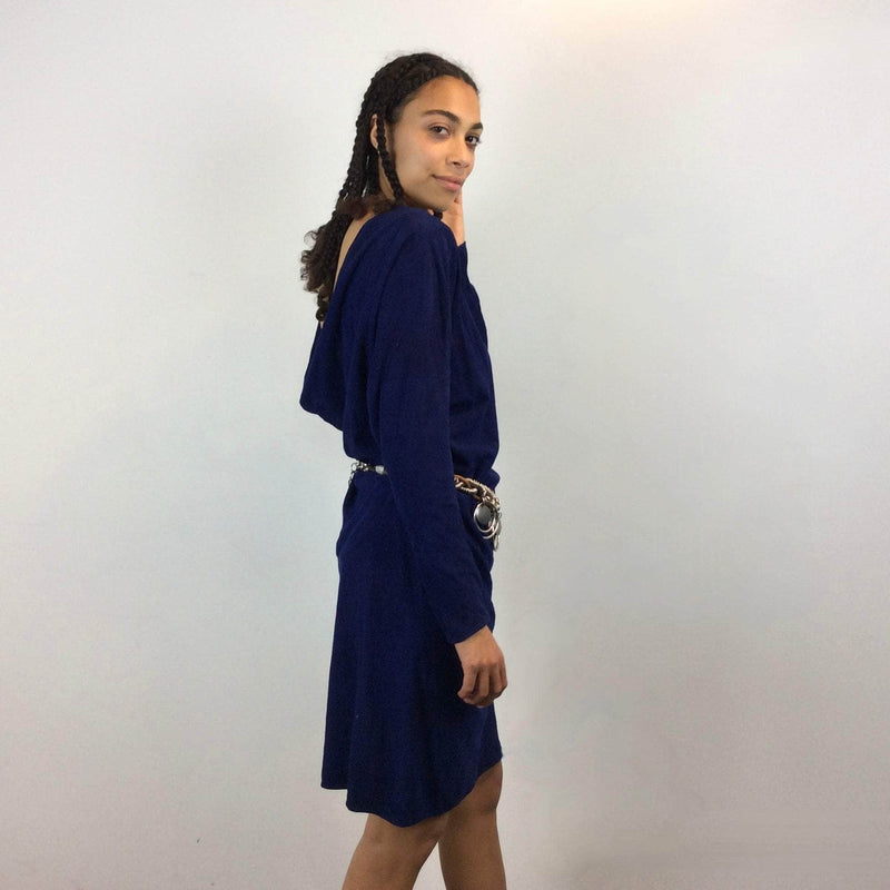 Vintage 1980s 1990s Blue Cowl Back Neckline Suede Dress Small/Medium - Boheme Vintage Montreal