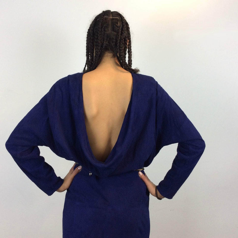 Vintage 1980s 1990s Blue Cowl Back Neckline Suede Dress Small/Medium - Boheme Vintage Montreal