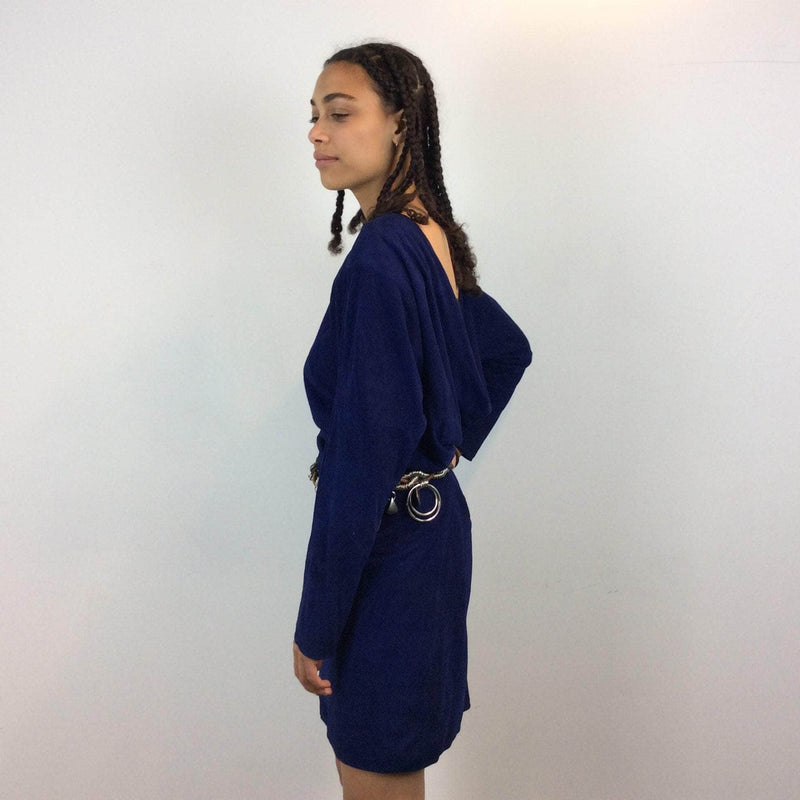 Vintage 1980s 1990s Blue Cowl Back Neckline Suede Dress Small/Medium - Boheme Vintage Montreal