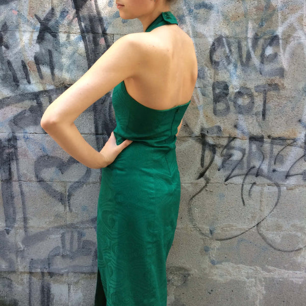 Back View of Emerald Green Front Slit Maxi Sheath Dress Size Small sold at bohemevintage.com Montreal