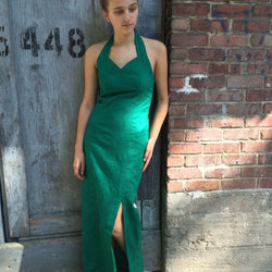 Front View of Emerald Green Front Slit Maxi Sheath Dress Size Small sold at bohemevintage.com Montreal